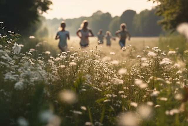 Family running across a field in the summer sun